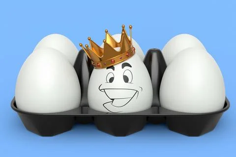 Unique white egg in gold royal crown standing in plastic tray with white eggs Stockillustratie