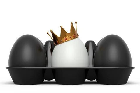 Unique white egg in gold royal crown standing in plastic tray with black eggs Stock Illustration