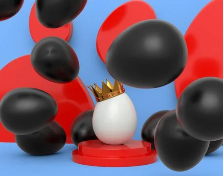 Unique white egg in royal gold crown on podium and scattered black eggs Ilustração Stock
