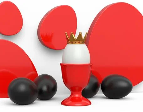 Unique white egg in royal king crown in ceramic eggcup and scattered black eg Stock Illustration