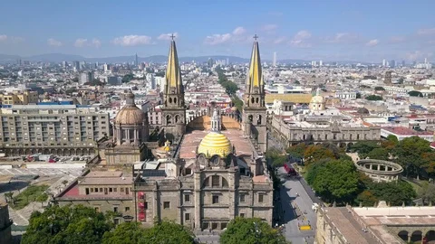 Unique Wide Angle 4k Aerial Drone Shot of Cathedral in Downtown Guadalajara Stock-Footage 97720374