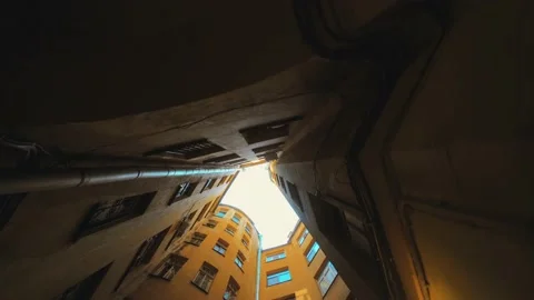 Unique yard well half-light closed space sky above Saint Petersburg old house Stock Footage 130441229