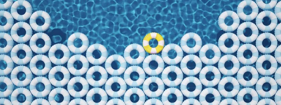 Unique yellow float ring between blue float rings in pool. 3d rendering Stock Illustration