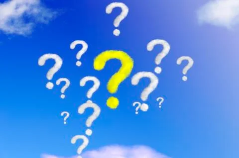 Unique yellow question mark shape of cloud among many clouds on blue sky. Stock Illustration