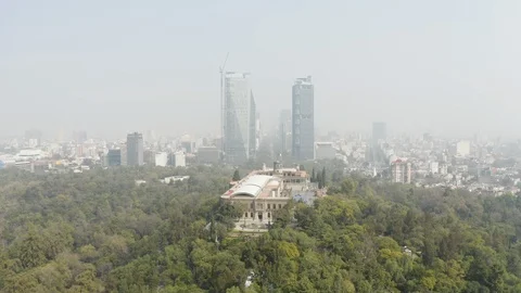 Unique Zoom Out of the Castle at Chapultepec Park Mexico City Aerial Drone Stock Footage 99794683