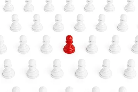 Uniqueness And Strategy Concept. Red Chess Pawn Standing Out Among White On.. Stock Illustration