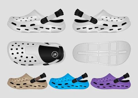 Unisex Clog Sandal Technical Flat Vector Design Template Multi View Set 스톡 일러스트