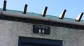 Unisex toilet sign at a public toilet, a bird is passing by in the sky HD Footage