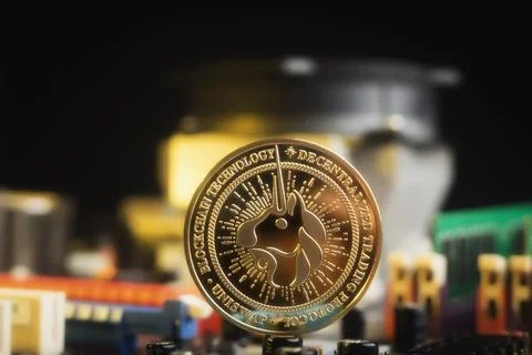 Uniswap UNI Cryptocurrency Coin on Computer Motherboard Hardware Close-Up Foto stock