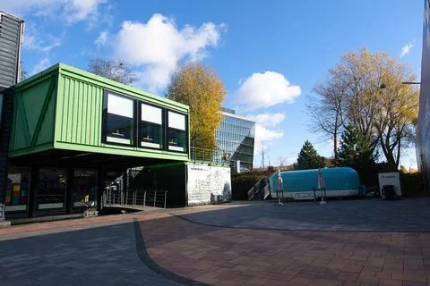 Unit Cafe, built of 14 used sea containers Stock Photos
