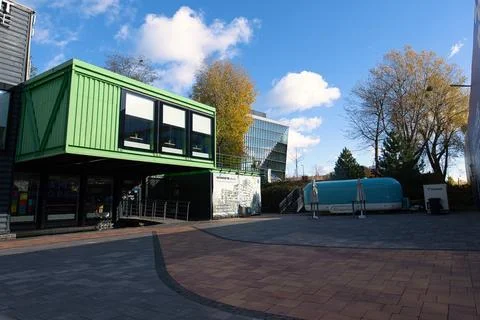 Unit Cafe, built of 14 used sea containers Stock Photos