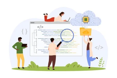 Unit testing, cloud programming, code development and engineering by tiny people 스톡 일러스트