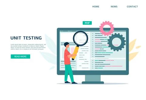 Unit testing web page design with tiny man character flat vector illustration. 스톡 일러스트