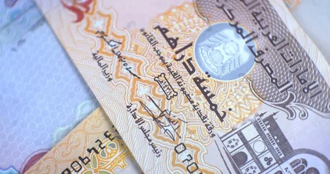 United Arab Emirates five dirham banknote, UAE Emirati money closeup 動画素材 127155581