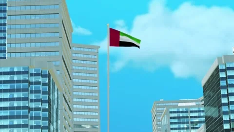 United Arab Emirates Flag 3D Render Animation with Urban Architecture and Cl Video stock 332947404