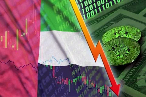 United Arab Emirates flag and cryptocurrency falling trend with two bitcoins  Foto stock