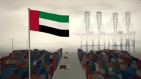 United Arab Emirates Flag Flying Over A Container Port Terminal In Morning Haze Stock Footage 344472318