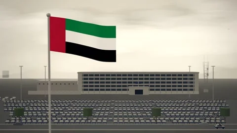 United Arab Emirates Flag Flying Over Police Headquarters Vehicle Fleet Stock Footage 344953426