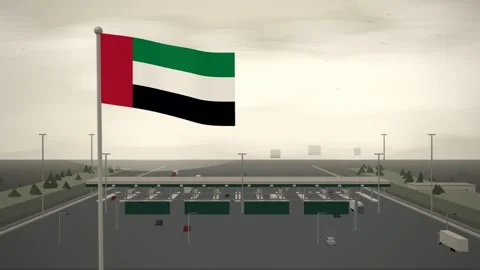 United Arab Emirates Flag Flying Over Motorway Toll Plaza Traffic seamless loop Stock Footage 345134515