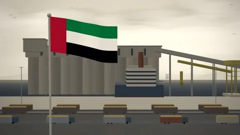United Arab Emirates Flag Flying Over Grain Export Terminal Silos seamless loop Stock Footage 345138205