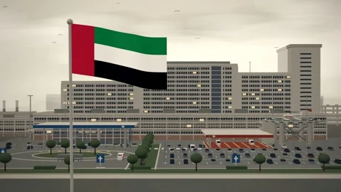 United Arab Emirates Flag Flying Over Hospital Medical Center Campus seamless Stock Footage 345307763