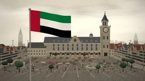 United Arab Emirates Flag Flying Over Historic Old Town Square seamless loop Stock Footage 345310608