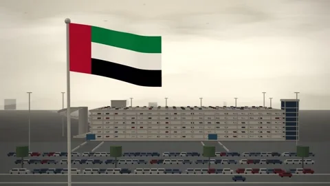 United Arab Emirates Flag Flying Over Multi Storey Car Park seamless loop Stock Footage 345313668