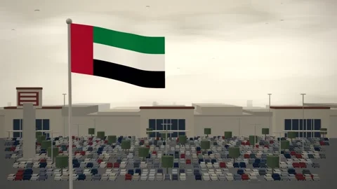 United Arab Emirates Flag Flying Over Shopping Mall And Car Park seamless loop Stock Footage 345347060