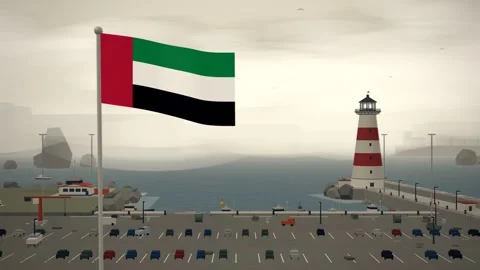 United Arab Emirates Flag Flying Over Coastal Harbor Lighthouse Waterfront Stock Footage 345376688