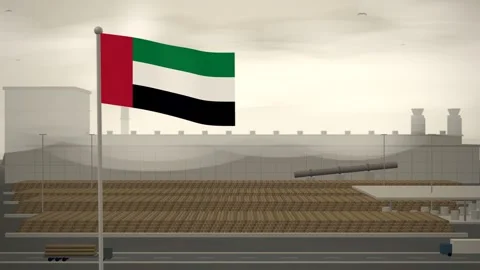 United Arab Emirates Flag Flying Over Paper Mill Log Yard seamless loop Stock Footage 345379233