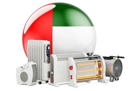 The United Arab Emirates flag with heating devices. Manufacturing, trading an Stock Illustration