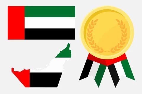 United Arab Emirates flag with map and gold medal in set for web and banner.. Stock Illustration