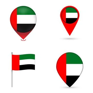 United Arab Emirates Flag Map Pin Icons Set Collection. Stock Illustration