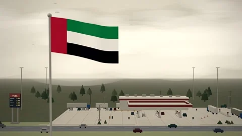 United Arab Emirates Flag Over Highway Gas Station Fuel Prices seamless loop Stock Footage 344779489