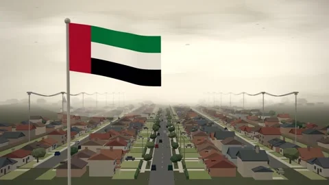 United Arab Emirates Flag Over Suburban Neighborhood Streets seamless loop Stock Footage 345045385