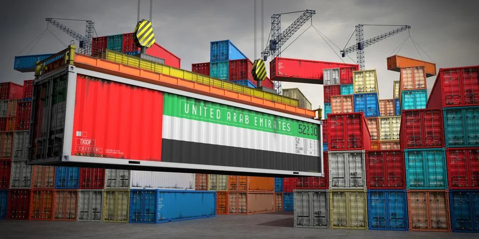 United Arab Emirates - freight container in cargo terminal - 3D illustration Stock Illustration