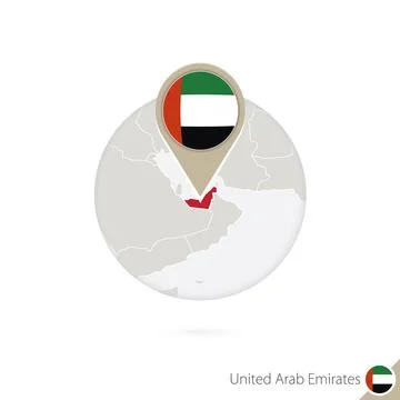 United Arab Emirates map and flag in circle. Map of UAE, UAE flag pin. Map .. Stock Illustration