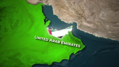 United Arab Emirates Satellite Map Zoom Animation with Flag Highlight Stock Footage 344762665