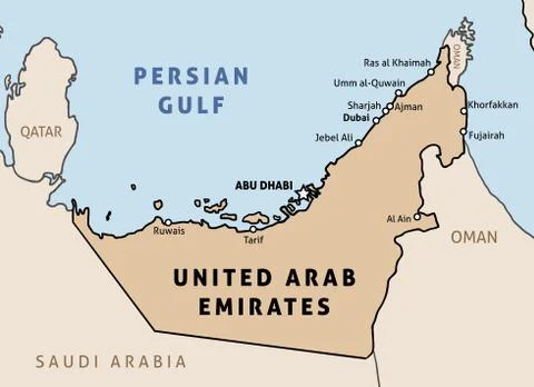 United Arab Emirates (UAE) map. Outline vector country map with main cities a Stock Illustration