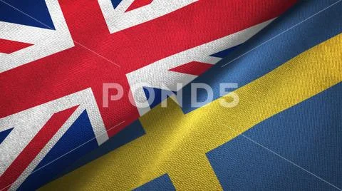 United Kingdom and Sweden two flags textile cloth, fabric texture Stock Photos