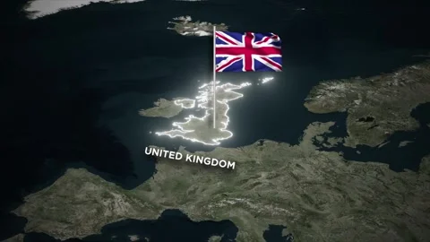 United Kingdom Border Map Animation with 3D Waving UK Flag and on World Map 库存影片 330741416