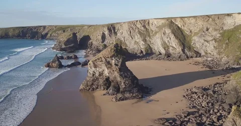 United Kingdom, Cornwall, Rugged Cornish coastlineand rock stacks at Bedruthan Stock Footage