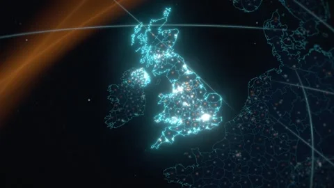 United Kingdom Country Map Data Network Seen From Earth Orbit At Night Видео 343402541