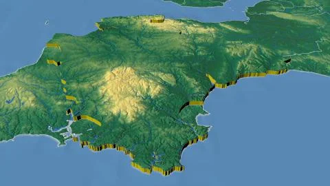 United Kingdom - Devon extruded on physical map Stock Illustration