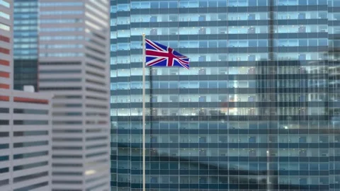 United Kingdom Flag 3D Render Animation Waving Against Glass Office Building Stock Footage 333016035