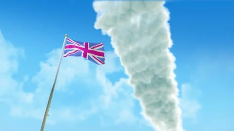 United Kingdom Flag 3D Render Animation on Pole with Fighter Jets Smoke Trai Stock-Footage 333245469