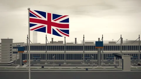 United Kingdom Flag Flying Over Airport Terminal Curbside Departures seamless Stock-Footage 344703403
