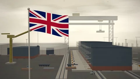 United Kingdom Flag Flying Over Shipyard Building Berth Gantry seamless loop Vídeos de archivo 344847360