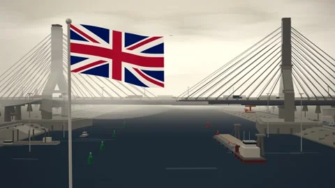 United Kingdom Flag Flying Over Cable Stayed Bridge River seamless loop Stock Footage 345373666
