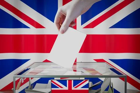 United Kingdom flag, hand dropping ballot card into a box Ilustración de archivo